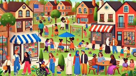 Digital graphic representing a community enriched by immigrants.