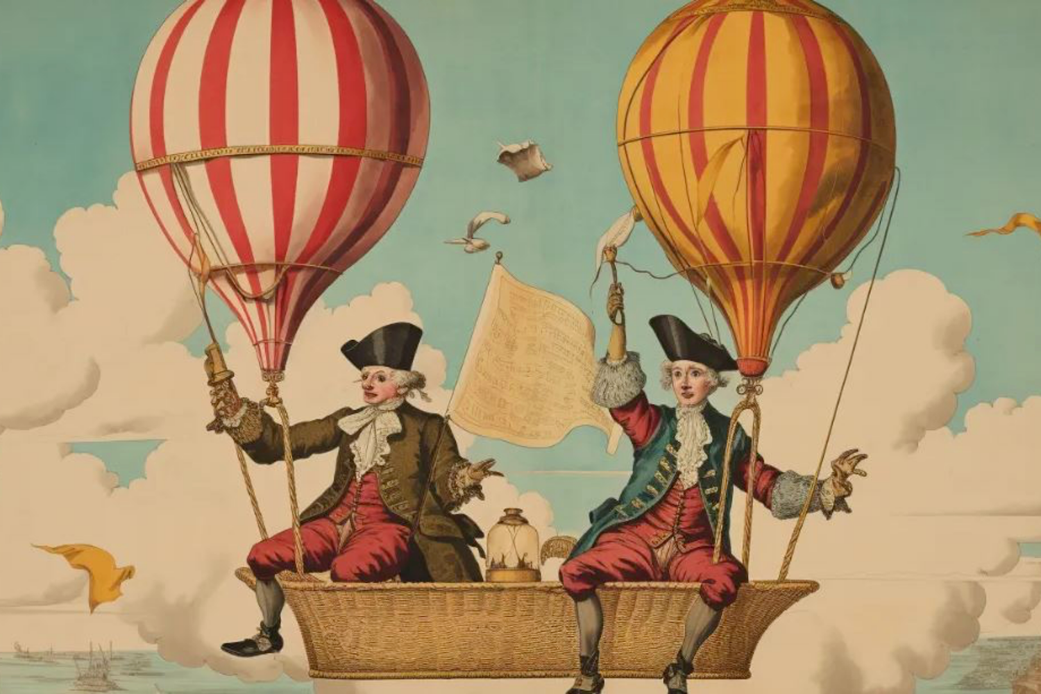 Vintage illustration of two men in a hot air balloon basket.