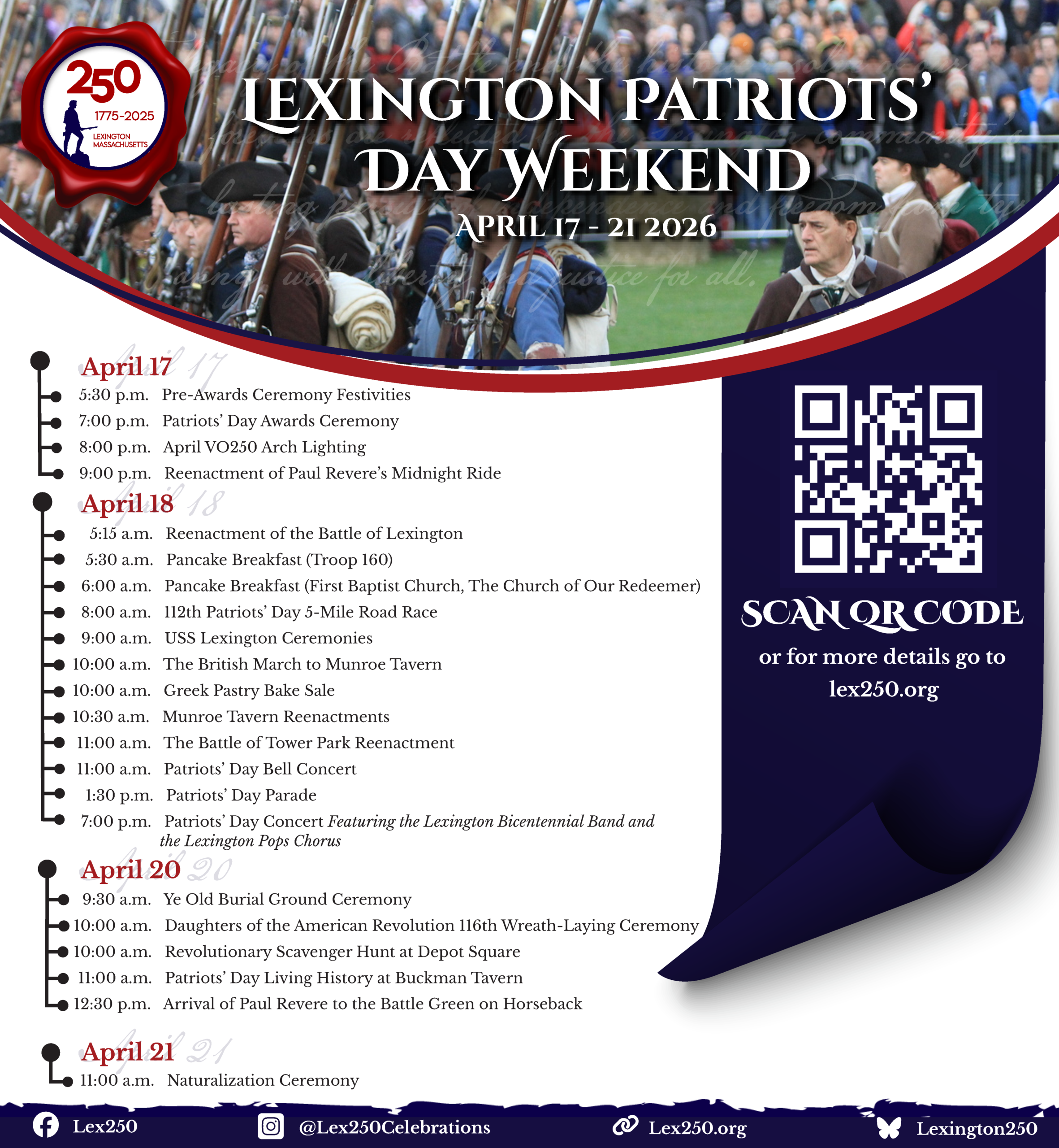 Patriots day weekend schedule graphic.